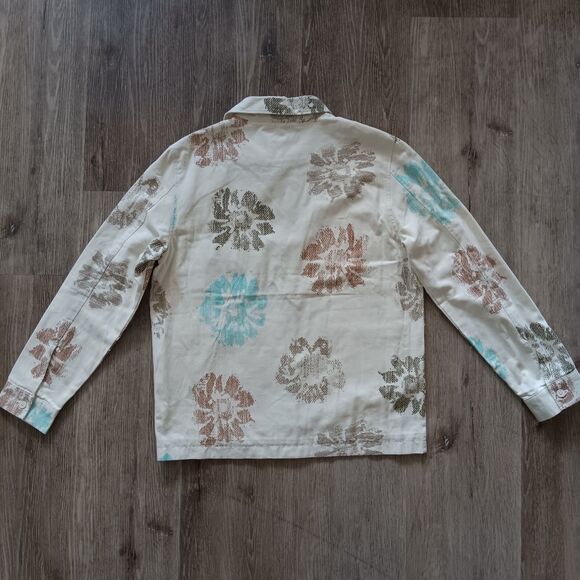 Denim Coat Jacket Women Medium Organic Cotton Zip Front Pockets Cream Floral NWT - Picture 10 of 15
